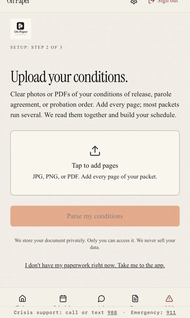 On Paper prototype document upload screen