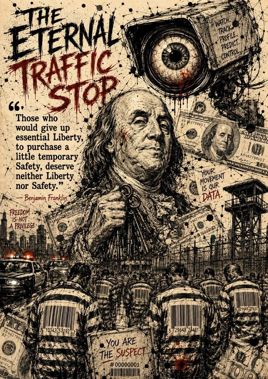 The Eternal Traffic Stop editorial illustration featuring a surveillance camera and Benjamin Franklin
