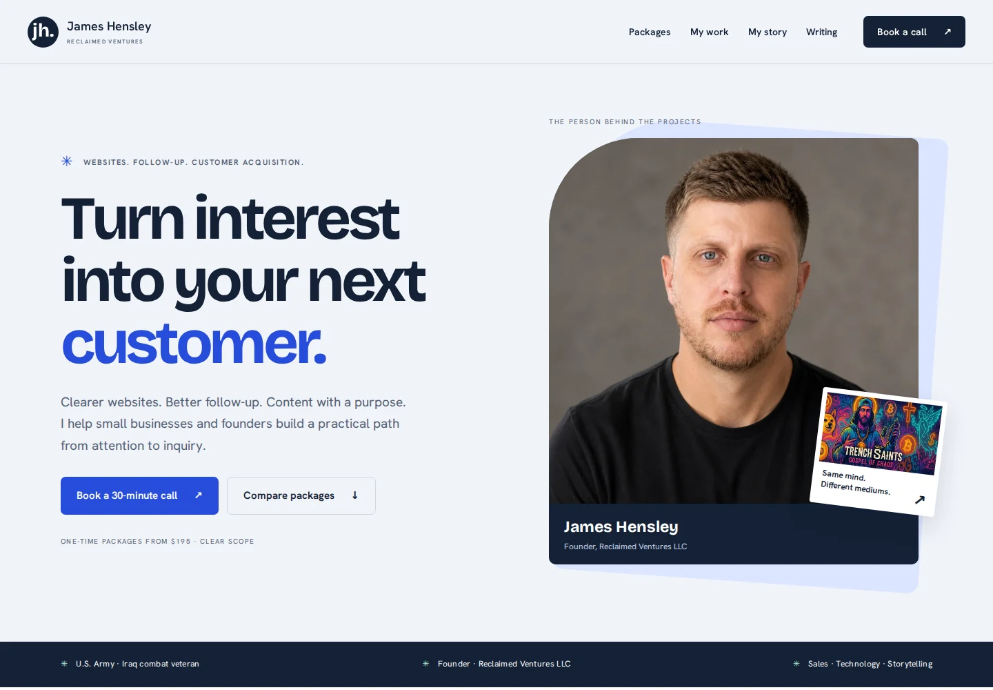 Redesigned James Hensley homepage with a clear customer-focused headline and booking action